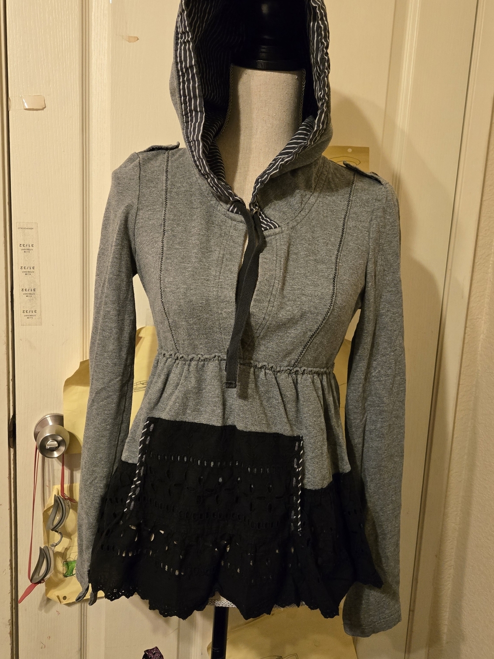 Free People Gray Hooded Peplum Top with Black Eyelet Trim